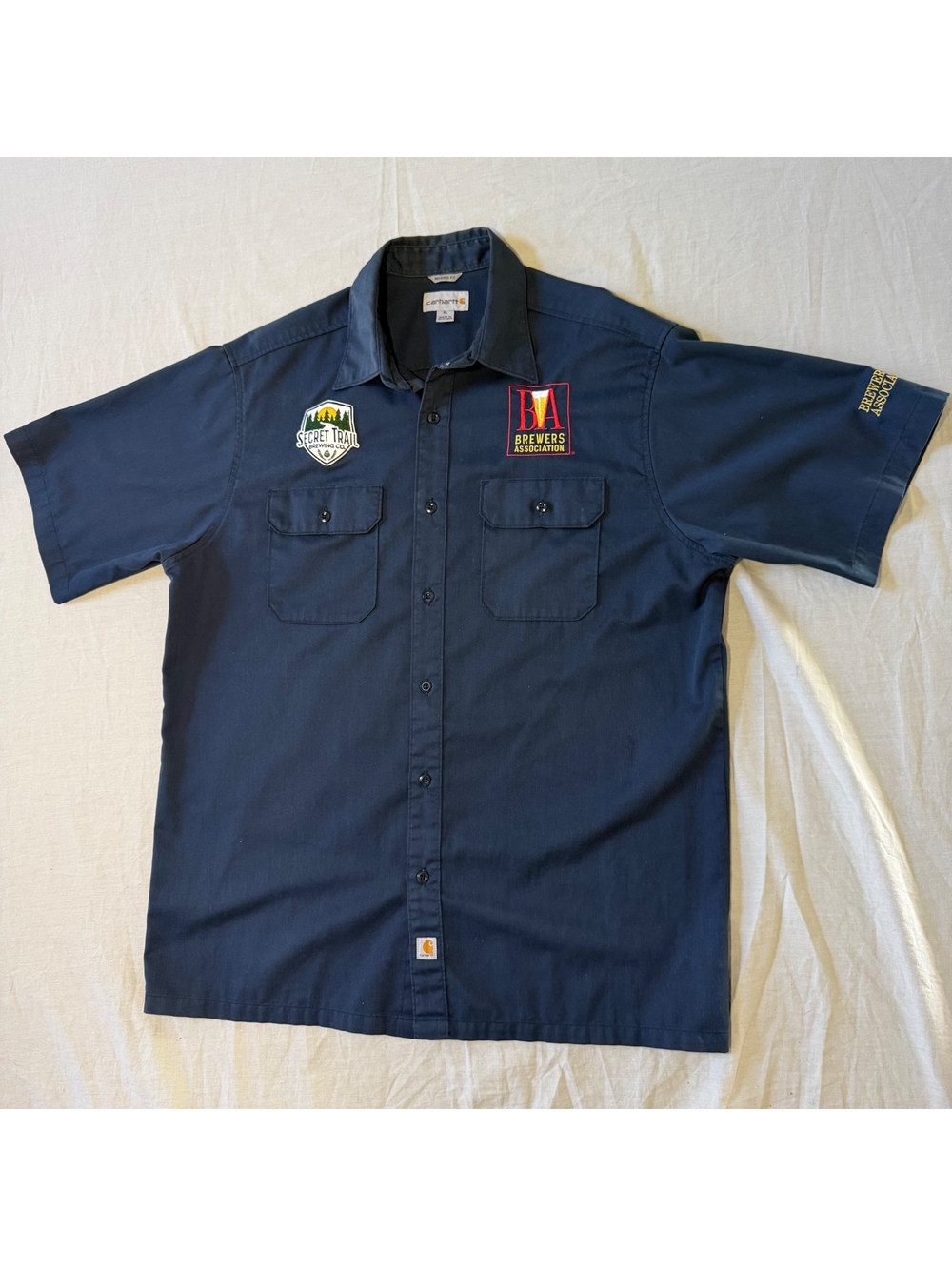 Carhartt Men's XL Navy Short Sleeve Work Shirt with Brewers Association & Secret